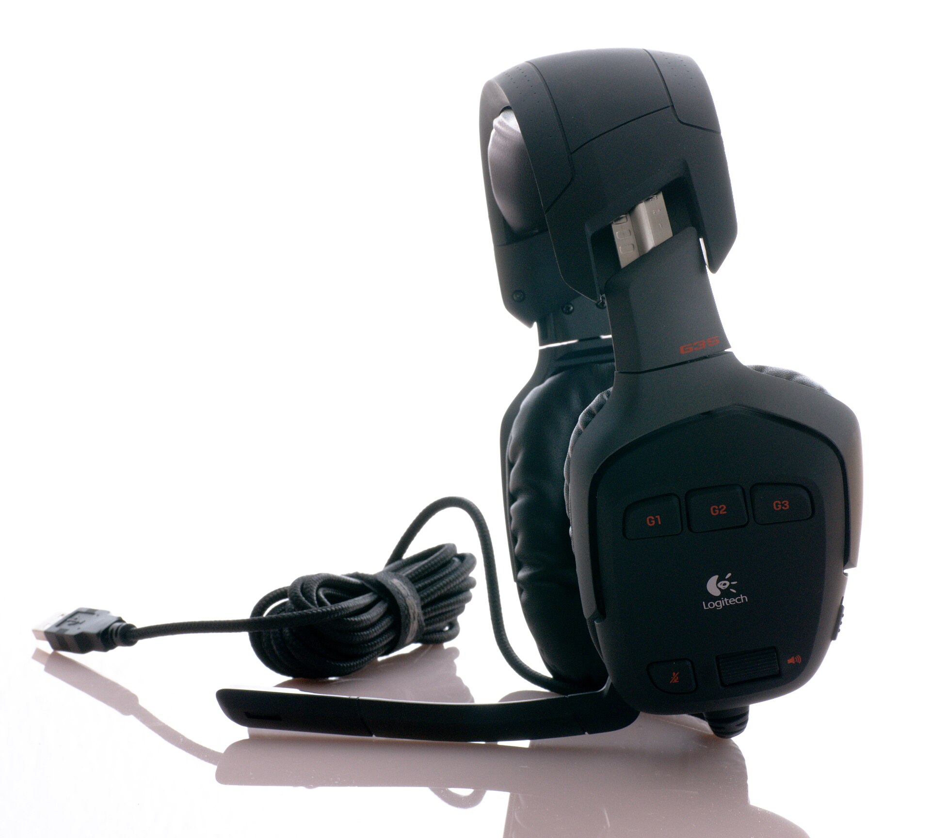 A wired gaming headset seen from the side