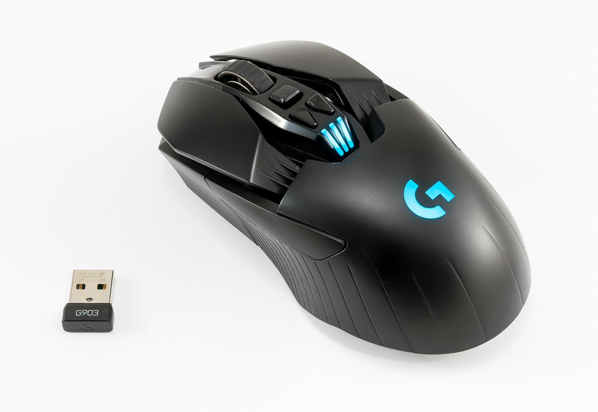 A wireless gaming mouse on a plain background